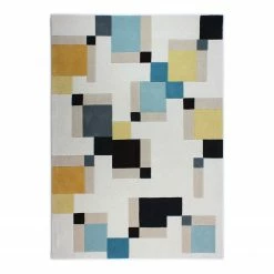 Flair Rugs Wollteppich Abstract Blocks - Wolle - Blau / Senfgelb - 160 x 230 cm
