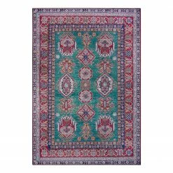Nouristan Kurzflorteppich Aren Kazak - Polyester - Grün / Rot - 120 x 160 cm